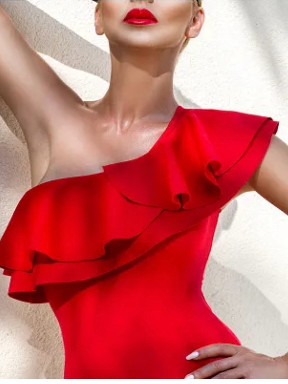 a'gaci One-Shoulder Ruffle Top - Bright Red